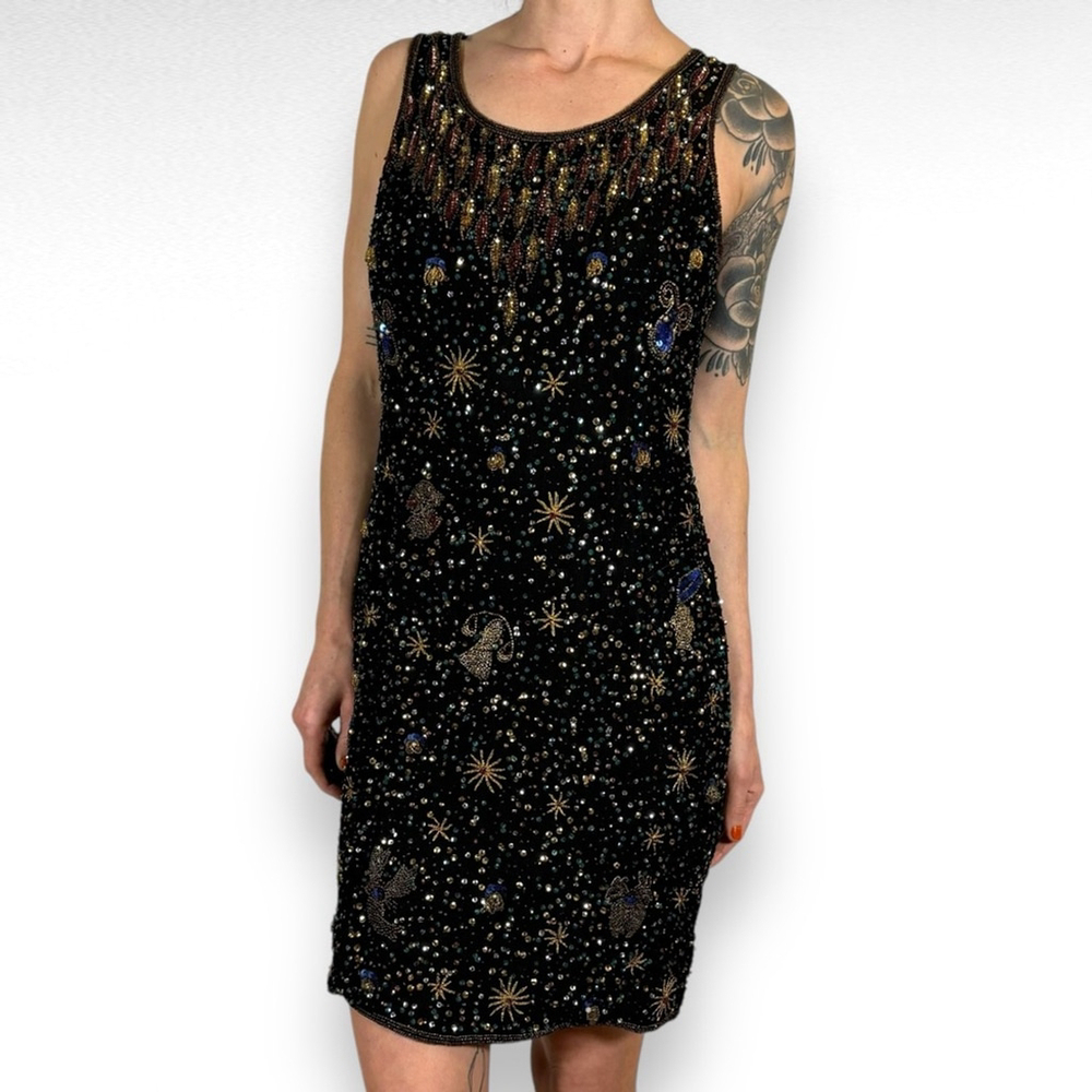 Vintage Sequin Mini Dress Black Gold Prom Whimsigoth Astrological Whimsical Sz S